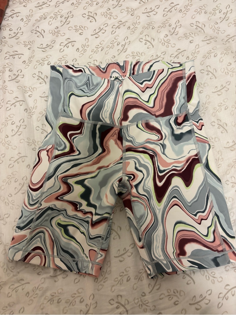 Athleta Marble Print Athletic Shorts in Light Blue, Pink, Burgundy
